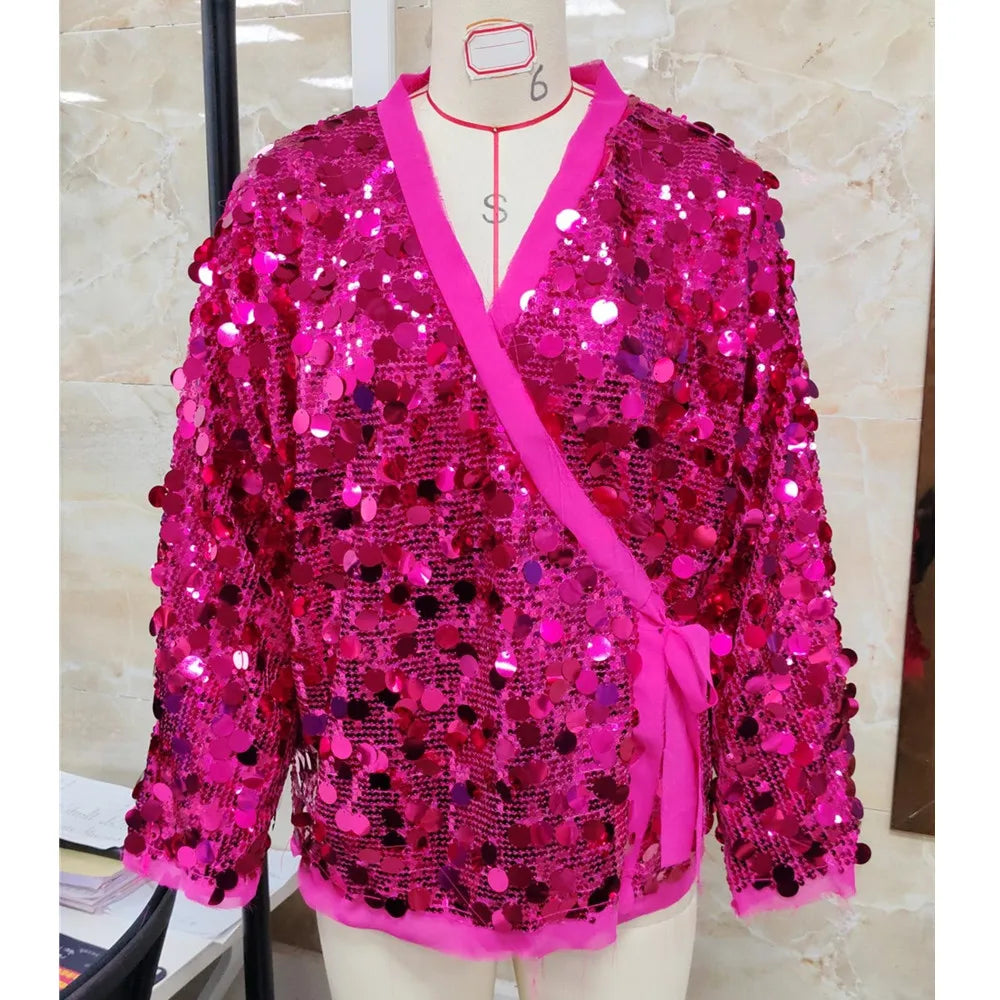 Shiny Sequin Cardigan for Women Trendy V Neck Front Wrap Tie Long Sleeve Coat Ladies Fashionable Sparkling Pullover Tops Punk LadyShow.Store