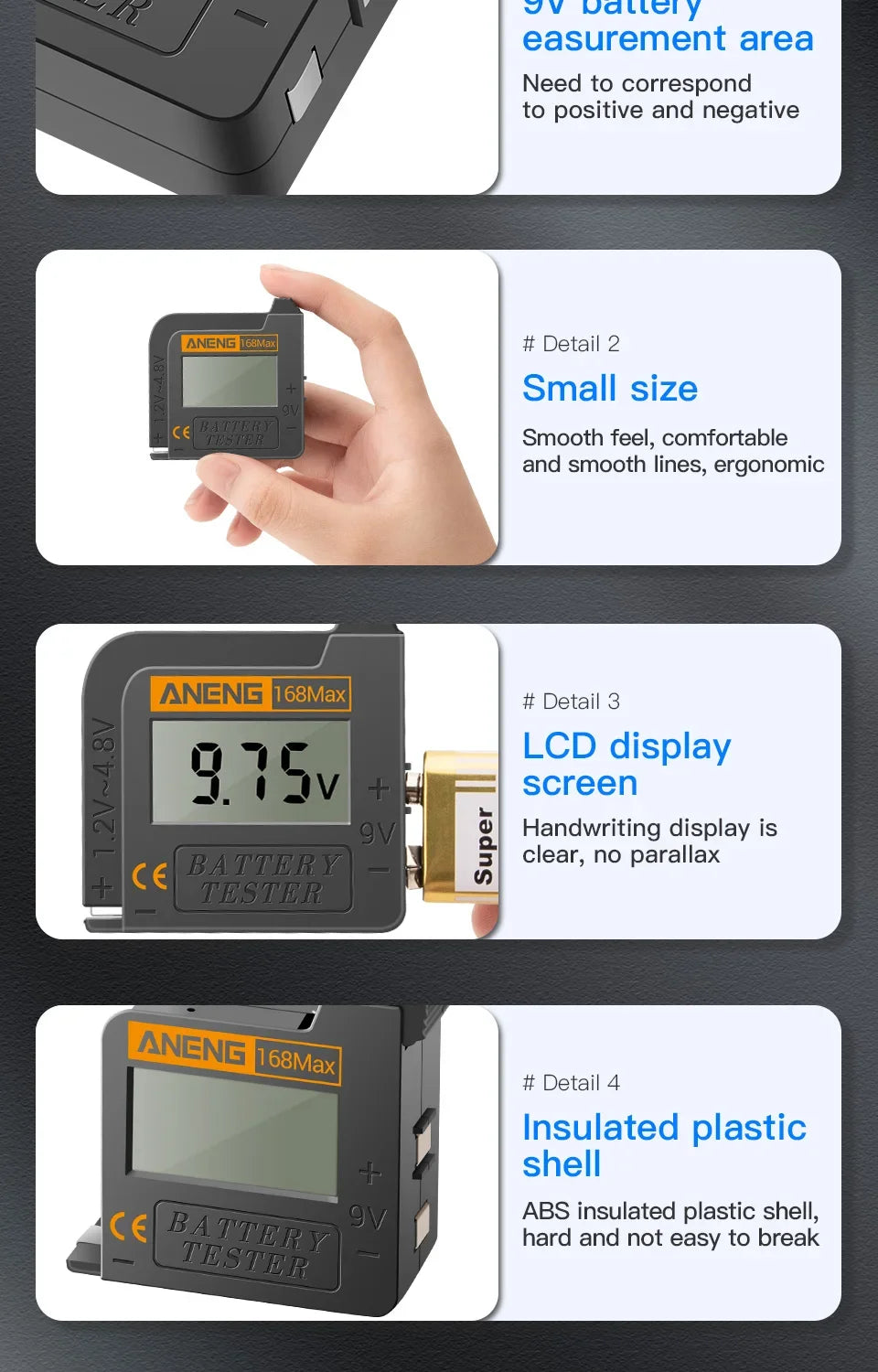 ANENG 168MAX Self Powered Digital LCD Battery Checker AA AAA C D 9V Button Cell 18650 Lithium Cell Voltage Capacity Test Tool Pi-Mart