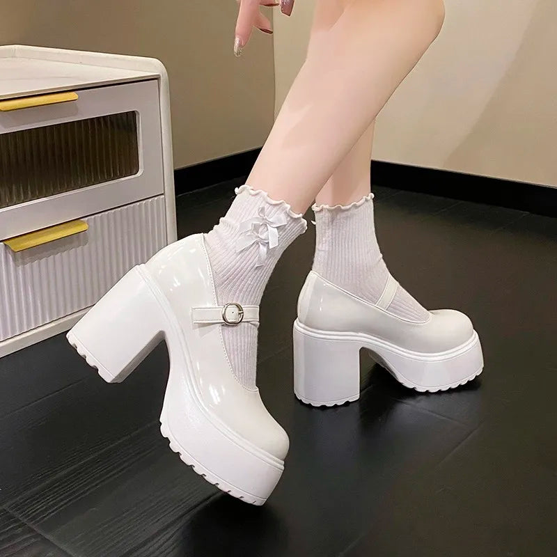 Black Super High Heels Mary Jane Shoes Women 2026 Goth Chunky Platform Pumps Woman Plus Size Ankle Buckle Party Lolita Shoes 42 Pi-Mart
