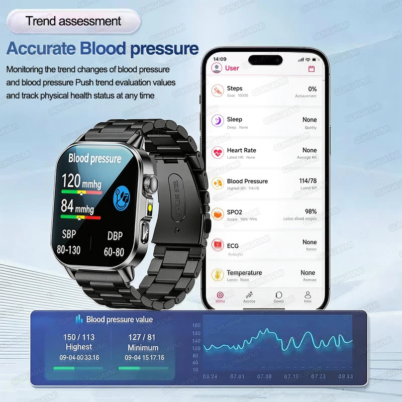 New Men Accurate Health Diagnosis ECG Smart Watch Blood Pressure Blood Oxygen Blood Fat Uric Acid Temp Bluetooth call Smartwatch Pi-Mart
