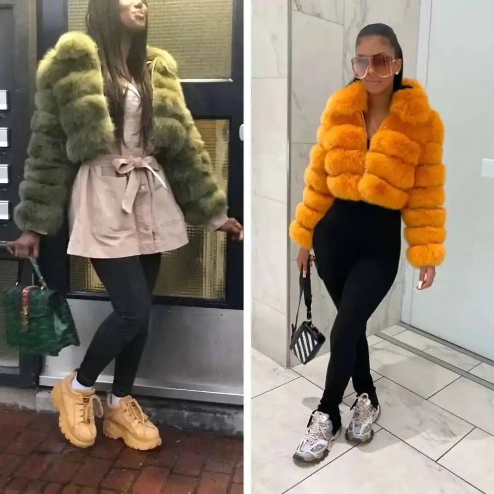 DEAT Fashion Women's Faux Fur Coat Lapel Zipper Long Sleeves Loose Thick Imitation  Fur Short Jacket Winter New 7AB6103 Pi-Mart