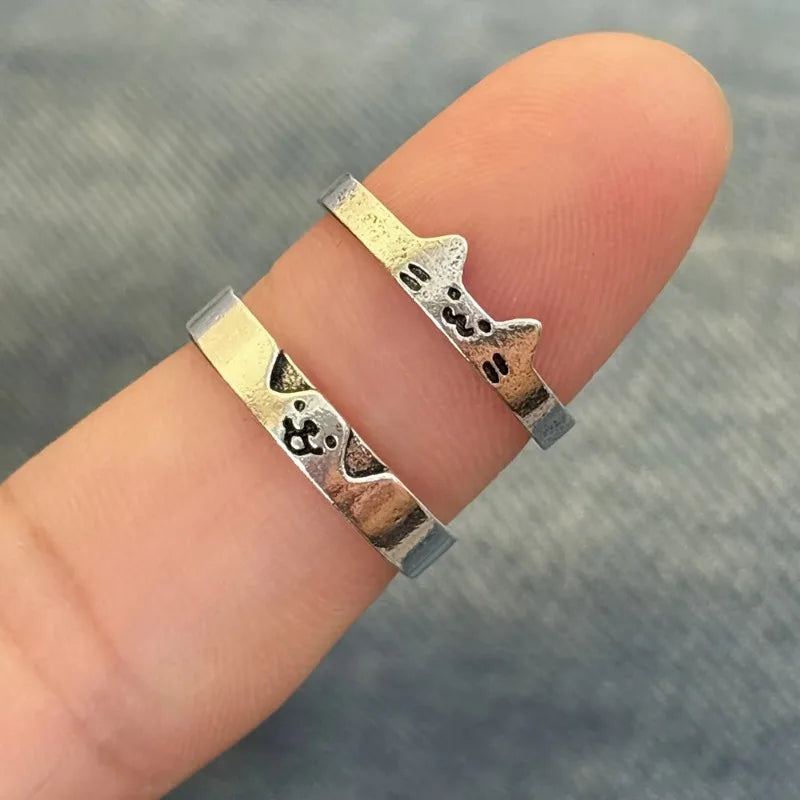 2pcs Simple Design Cute Cat Dog Animal Adjustable Couple Ring for Women Men Cartoon Fashion Couple  Friends Rings Jewelry Gifts Pi-Mart