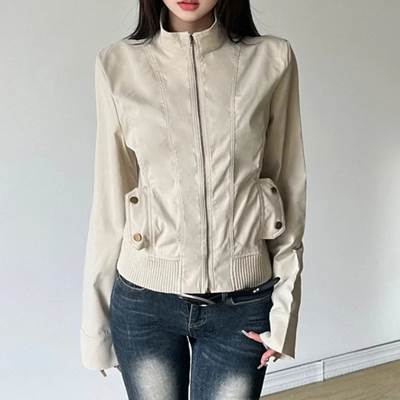Women Jacket Pocketd Long Sleeve dCasual Zipper Coats Slim Fit Turn Down Collar Solid Outwear Elegant Lady Autumn 2024 LadyShow.Store