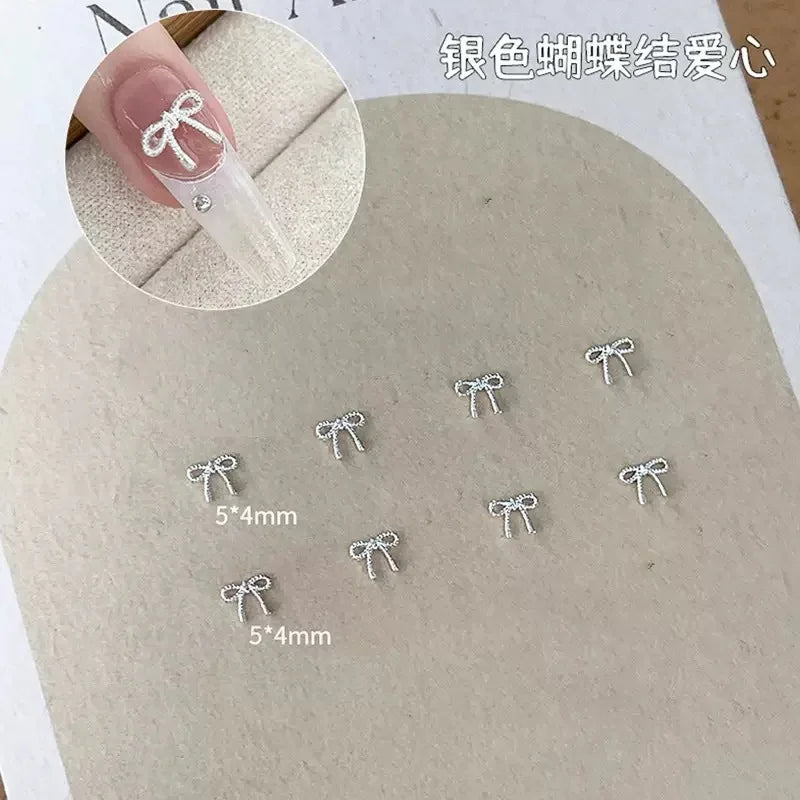2Sizes Bowtie Love Nail Parts Nail Charms Korea Mini Silver Ribbon Bow tie Alloy Nail Art Accessories 3D Luxury Nail Decorations Pi-Mart
