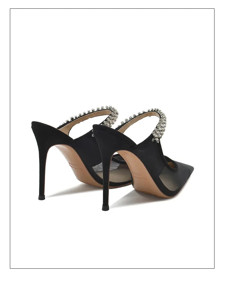 New Fashionable Thin Heel Pointed Water Diamond Mesh Hollow Sandals with Design Sense Half Dragged Muller Shoes ForOuterwear Pi-Mart