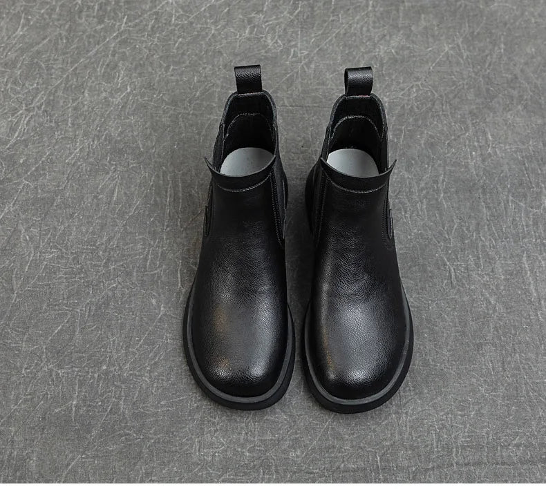 DRKANOL Fashion Women Thick Heel Ankle Boots Autumn Winter Warm Shoes Round Toe Real Cowhide British Style Slip On Chimney Boots Pi-Mart