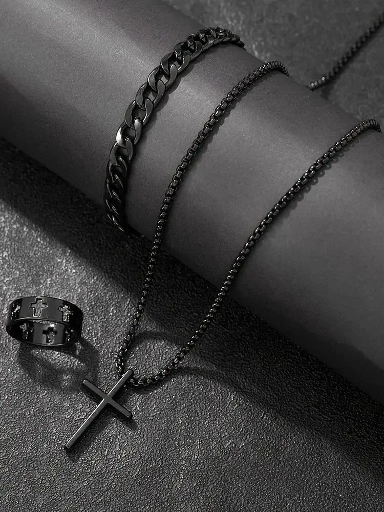 Cross-Style Accessories Set Bracelet Necklace Ring 3 Pieces Stainless Steel Elegant Suitable Both Men Women Fashionable Gift Set Pi-Mart