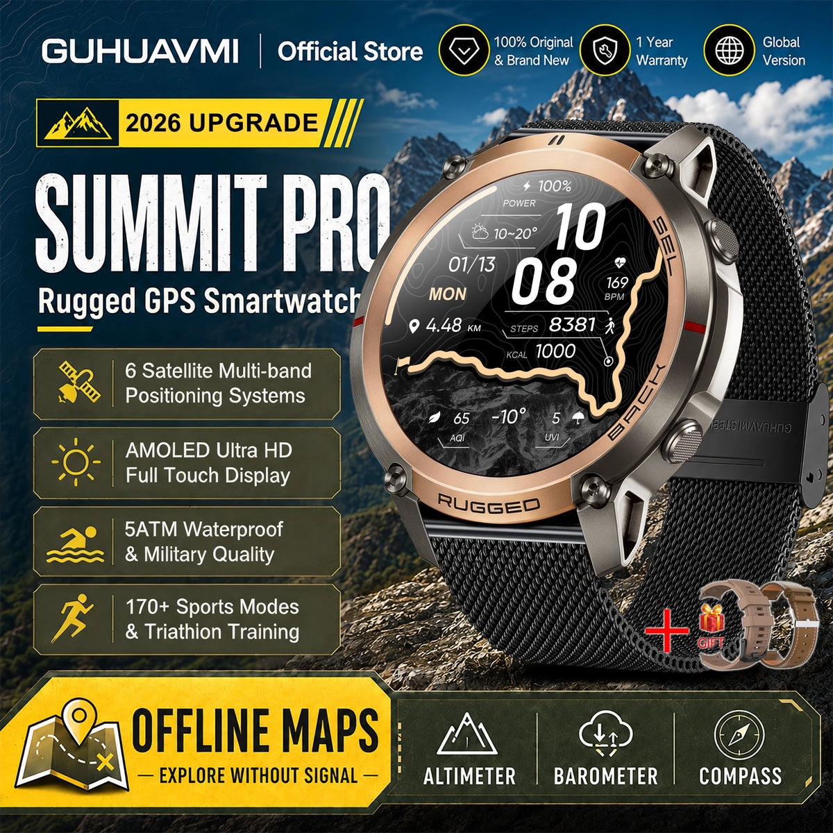 2026 Military Satellite Offline Map GPS Smart Watch Men 1.43''AMOLED Bluetooth Call Compass 5ATM Waterproof 170+Sport Smartwatch Pi-Mart