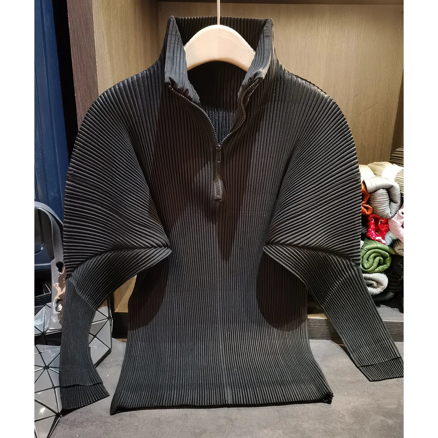 Miyake Pleated Sweatshirt Pit Stripe Zipper Standing Collar Jacket Women 2025 New Casual Pullover Hundred Pleat Skinny Tops LadyShow.Store