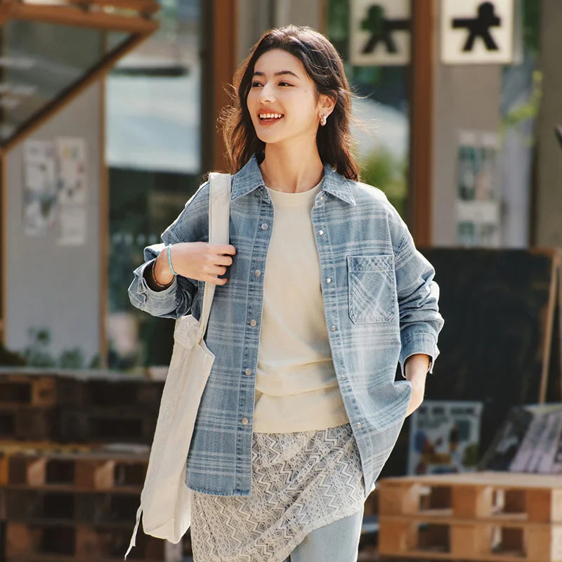 Semir Denim Shirt Women Oversize Spring 2025 New Spring Checkered Blouse Plaid Jacket LadyShow.Store