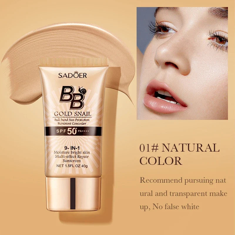 SADOER Gold Snail Sunscreen BB Cream Foundation Concealer Moisturizing Isolation Cream SPF50+PA+++ 40g Tri Light Beauty