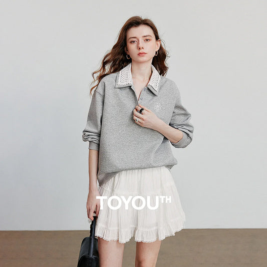 TOYOUTH Women Sweatshirt 2025 Autumn New Green Velvet Embroidery Contrasting Color Splicing Double Layer Collar Pullover Hoodies LadyShow.Store
