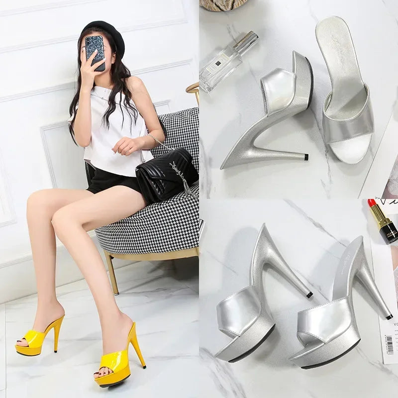 Womens Slippers Mule Patent Leather Sandals Sexy Fashion 13CM Slides Party Shoes for Woman Luxury Red Sandals Summer Comfortable LadyShow.Store