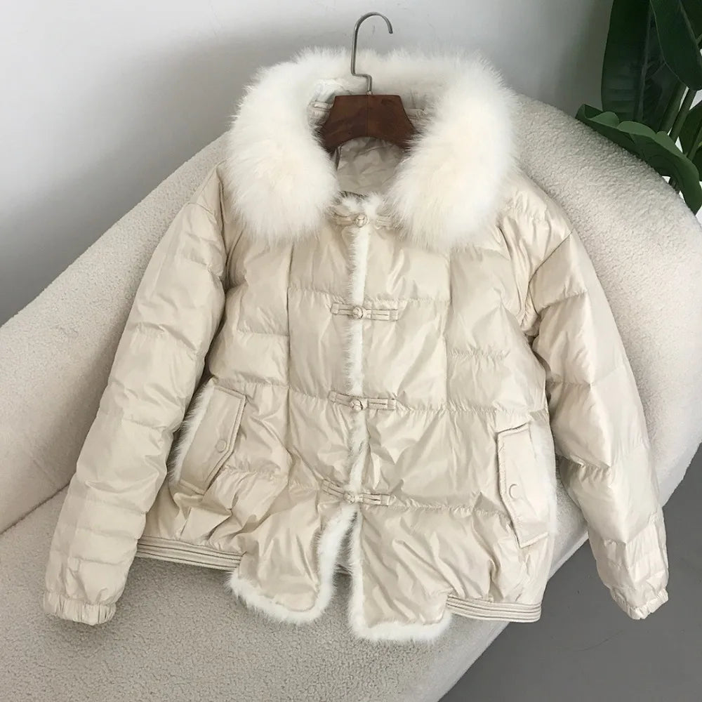 Real Fox Mink Fur Collar Coat Winter Women White Duck Down Jacket Ladies Short Warm Puffer Female Loose Vintage Parka Outerwear LadyShow.Store