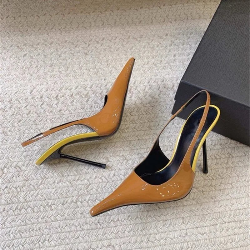 2026 Fashion Non-Slip Wear-Resistant High Heels Women's Pointed Toe Patent Leather Slip-On Sandals LadyShow.Store