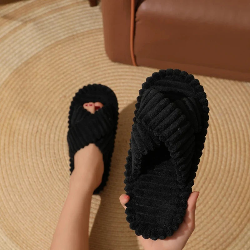 Fashion Corduroy Cross Band Home Slippers Women Spring Autumn Warm Plush Slides Woman Indoor Bedroom Soft Sole Cotton Slippers LadyShow.Store