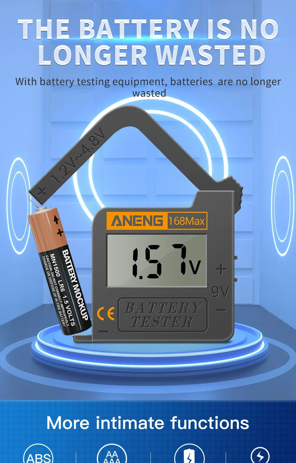 ANENG 168MAX Self Powered Digital LCD Battery Checker AA AAA C D 9V Button Cell 18650 Lithium Cell Voltage Capacity Test Tool Pi-Mart