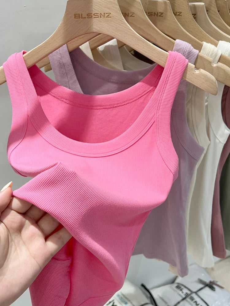 zjaiss Women Solid Round Neck Ribbed Tank Top Camisole Women 2026 Summer Basic Elastic Tank Top O Neck Solid Tank Top Tri Light Beauty