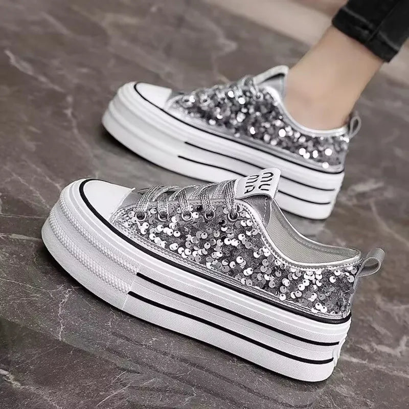 Woman Platform Sneakers Wedge Shoes Female Spring Autumn Sequins Bling Casual Shoes Ladies Thick-soled Canvas Shoes Pi-Mart