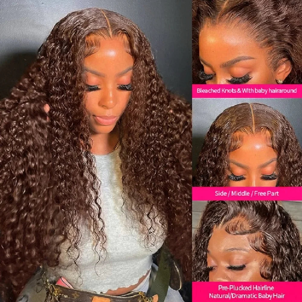 Chocolate Brown Curly Lace Front Human Hair Wigs 13X6 Lace Frontal Wig Brazilian Deep Wave Colored Bleached Wigs For Women LadyShow.Store
