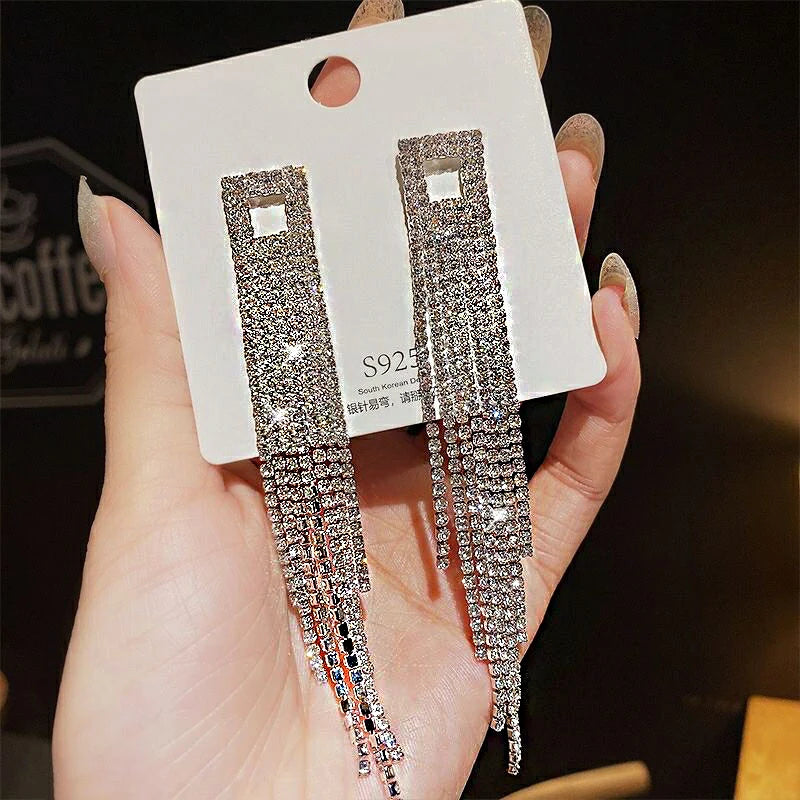 Shiny Crystal Zircon Long Stud Earrings for Women Geometric Hanging Drop Tassel Earring Fashion Party Vintage Pendant Jewelry Pi-Mart