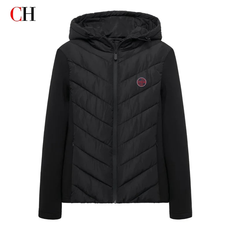 CH Womens Circular Chest Patch Badge Chevron Quilted Hooded Puffer Jacket Panel Sleeves Daily Commute Wear LadyShow.Store