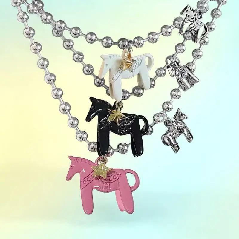 LATS White Black Green Blue Pink Color Enamel Colt Horse Pendant Necklaces for Women Silver Plated Alloy Beads Chain Chokers Pi-Mart