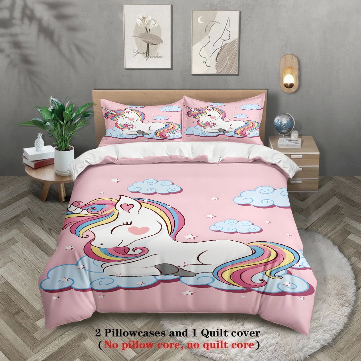 Cute Rainbow Unicorn Duvet Cover Set Pink Cloud Star Bedding For Kids Girls Bedroom Twin Queen King Size With 2 Pillowcases Pi-Mart