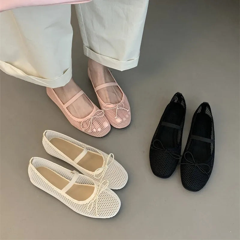 2025 New Luxury Spring/Summer Women Mesh Hollow Elastic Band Flat Bottom Non slip Casual Shoes Flat Bottom Shoes Pi-Mart
