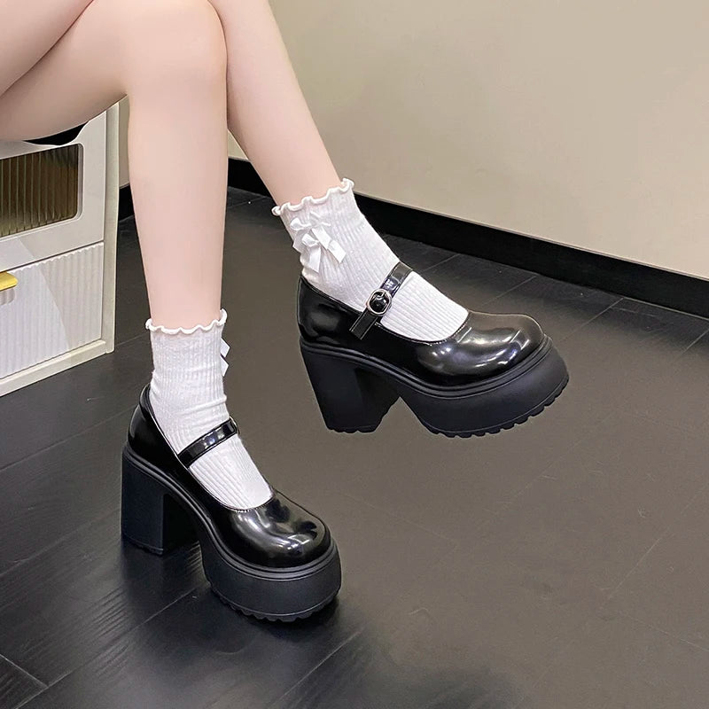 Black Super High Heels Mary Jane Shoes Women 2026 Goth Chunky Platform Pumps Woman Plus Size Ankle Buckle Party Lolita Shoes 42 Pi-Mart