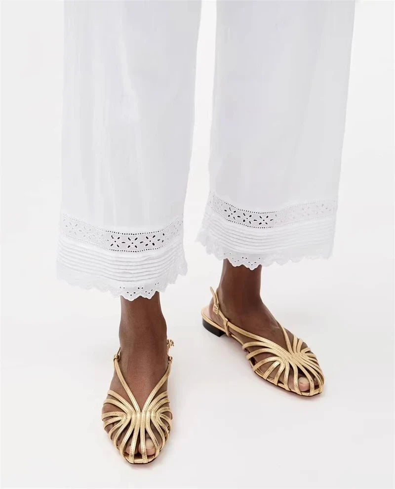 Women Plus Size Flat Gladiator Sandals Summer Sexy Luxury Gold Narrow Band Hollow Out Designer Brand Party Dress Shoes Sandalias LadyShow.Store
