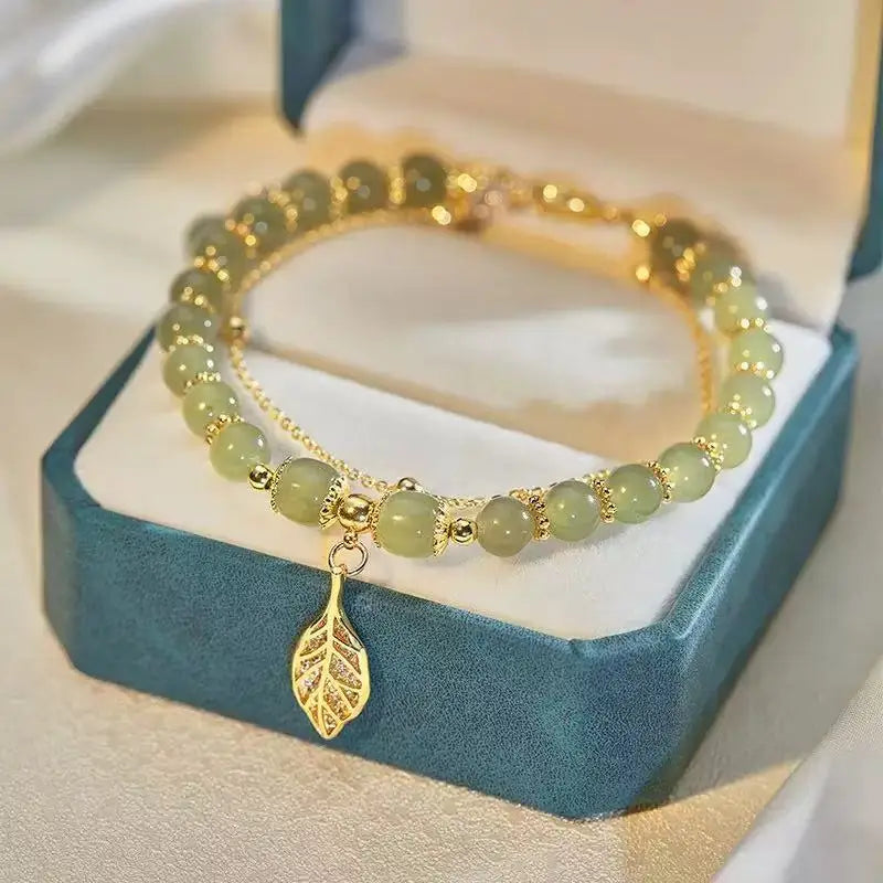 Luxury Love Gold Hotan Jade Lady Bracelet, Leaf Love Double Layer Girl Bracelet Jewelry Gifts Pi-Mart