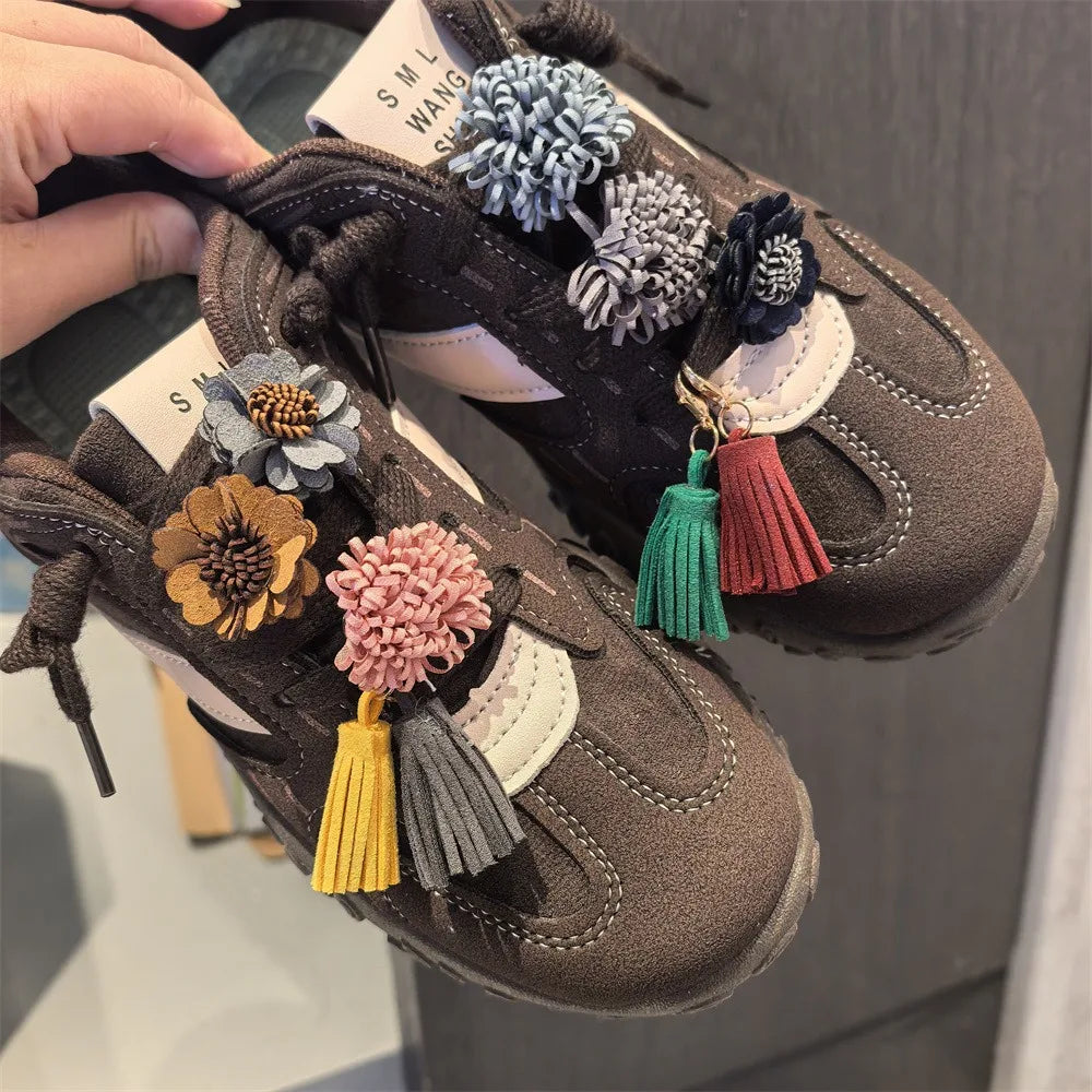 1Pcs Autumn Winter Maillard Tassel Pendant Shoe Charms Leather Flower Shoelace Buckle Sports Shoe Decoration Accessory Buckle Pi-Mart