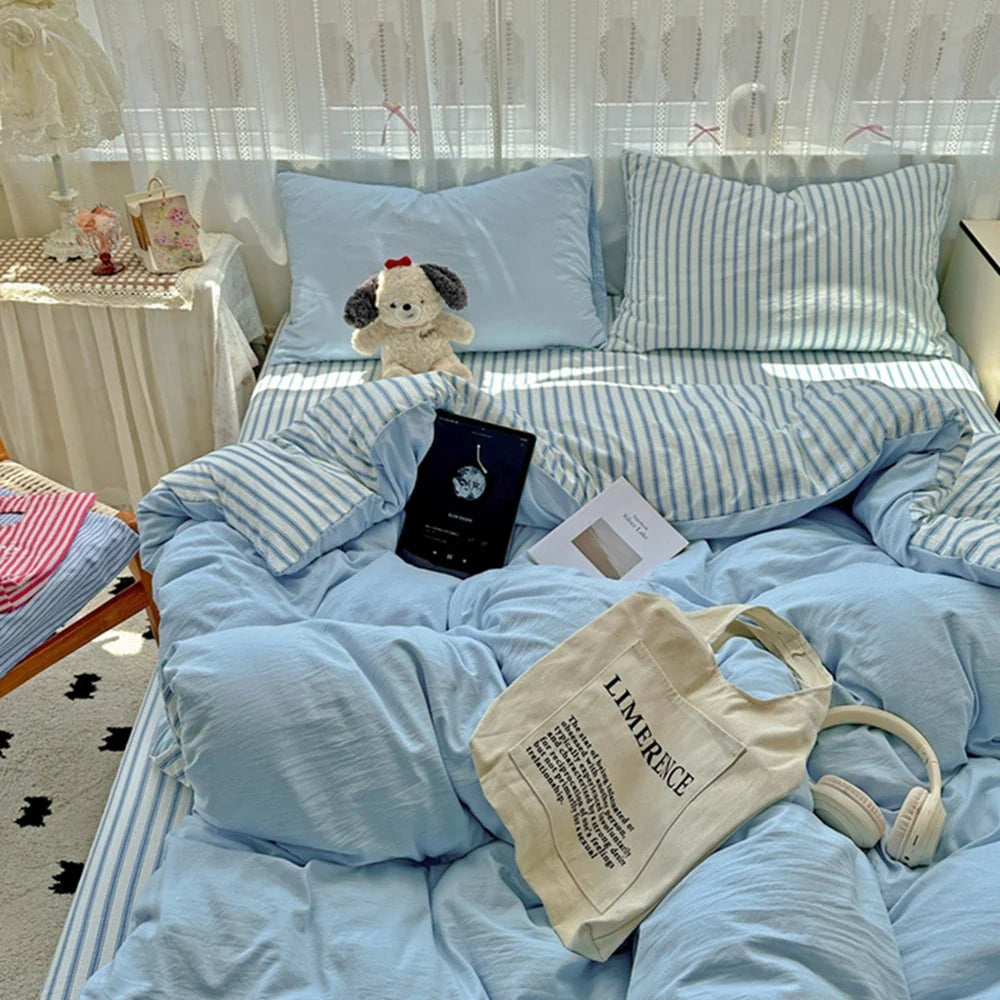 Ins Style Stripes Bedding Duvet Cover Set with Pillowcase bed sheet Full Size Bed Linen Quilt Cover Set Queen/King Double Single LadyShow.Store