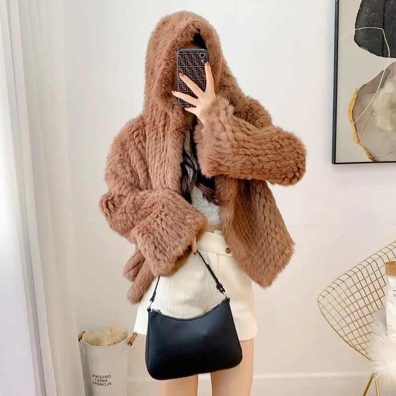 Real Rabbit Fur Hooded Coat Long Sleeve Women Casual Loose Knitted Genuine Fur Jacket With Hood Female Natural Fur Outwear LadyShow.Store