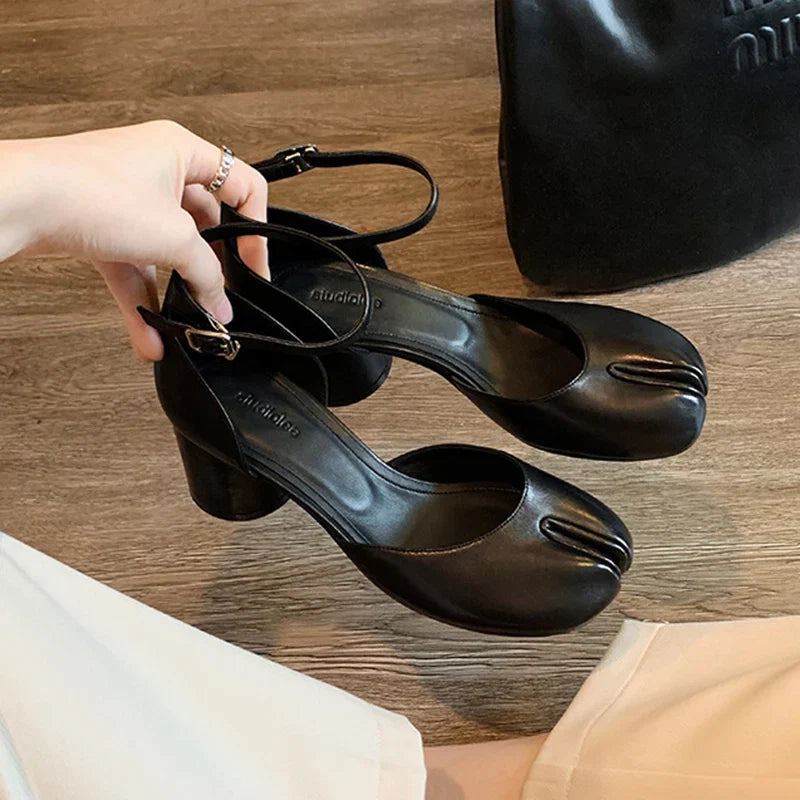 Modern Heels Pumps Women Round High Heel Leather Square Split Toe Pumps Shoes Spring Summer Sandals Mary Janes Shoes Heels Women LadyShow.Store