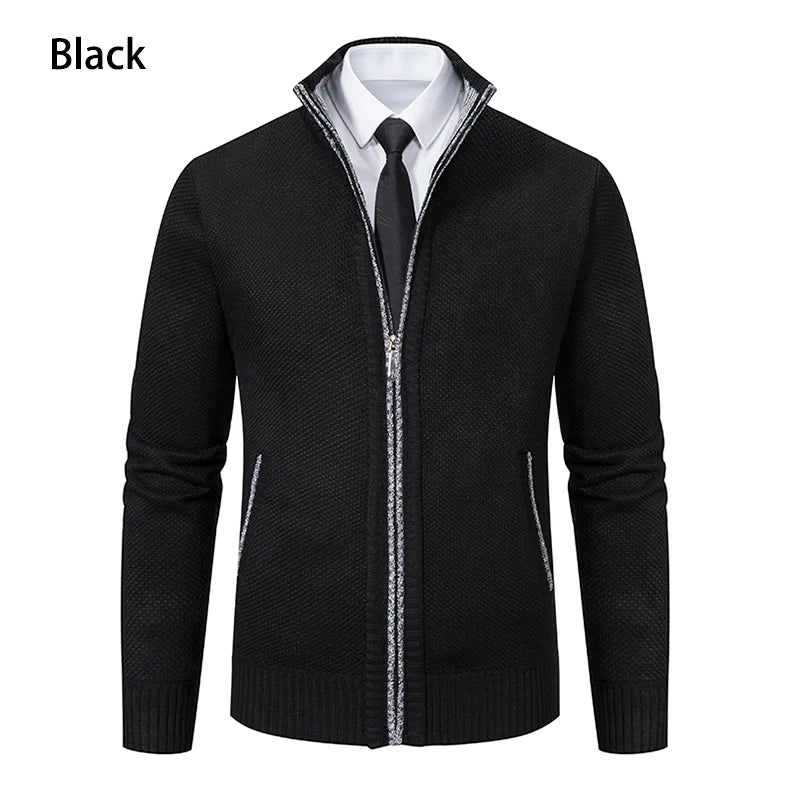 Autumn And Winter New Jersey Men's Casual Sports Coat Solid Color Stand Collar Wweater Grab Fleece Warm Zipper Cardigan Pi-Mart