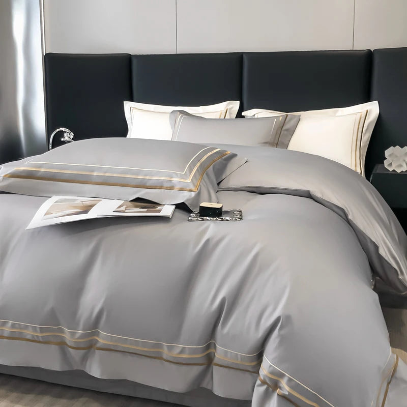 Hotel Style Bedding Set Luxury Golden Embroidery Duvet Cover Grey Egyptian Cotton Bed Sheets Pillowcases Solid Color Bedclothes Pi-Mart