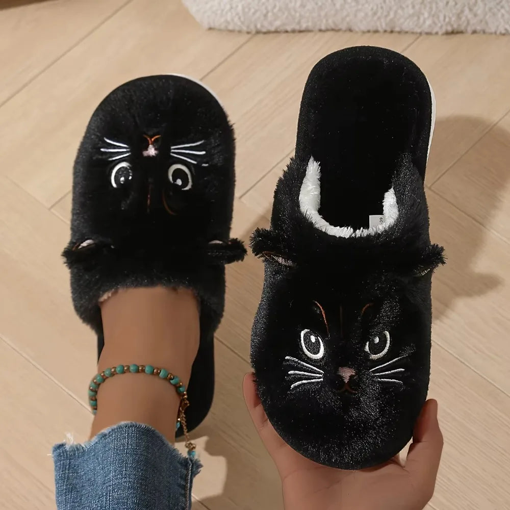 Womens Plush Cat Slippers Winter Warm Cozy Indoor House Shoes Soft EVA Sole Non-Slip Design LadyShow.Store