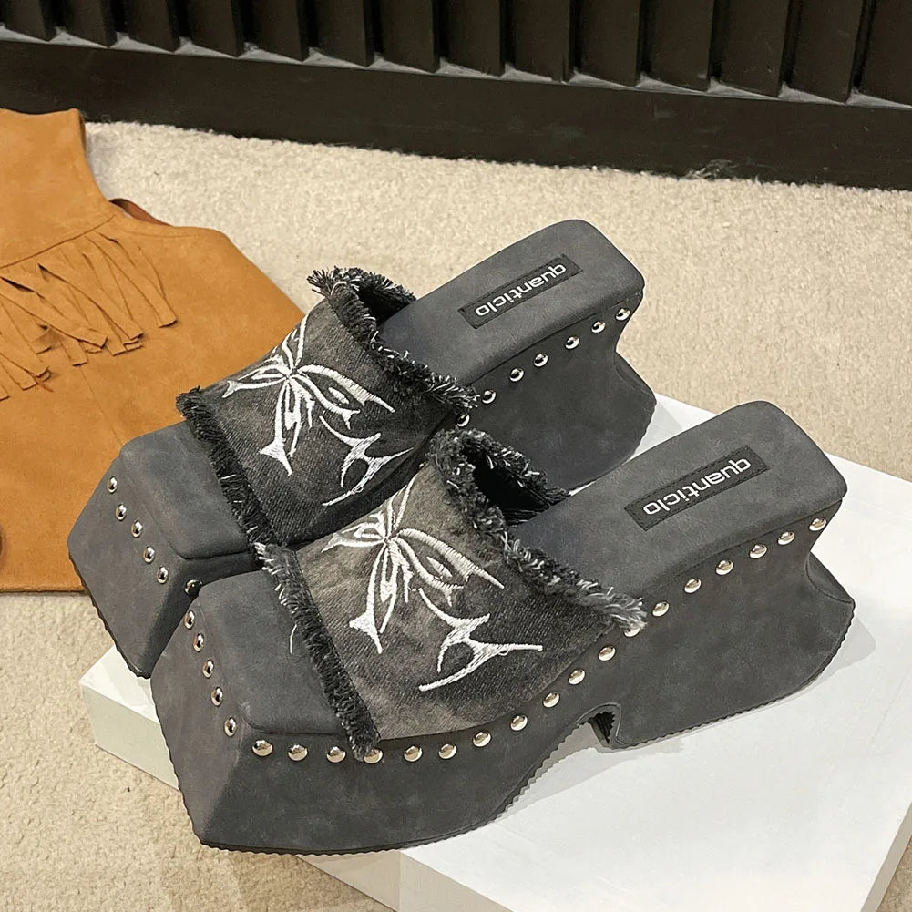Punk Chunky Heels Mule Shoes Sandals For Women Rivet Platform Slide Sandals Open Toe 2026 Summer Trendy Shoes Street Women Shoes Pi-Mart