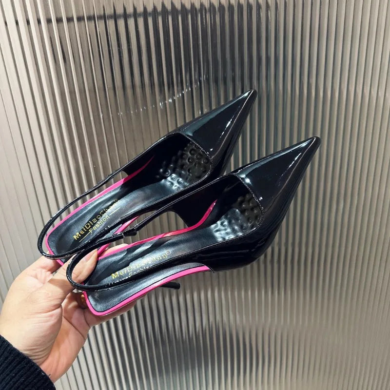 New Patent Leather Pointed Back Hollow Thin Heel Women's Sandals High Heels Thin Heel Sexy Back Hollow Temperament Single Shoe Pi-Mart