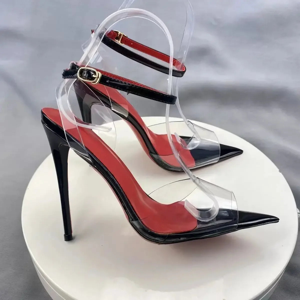 New European and American electric purple ultra soft transparent PVC sandals with straight stripes and slim heels, 12cm sexy Pi-Mart