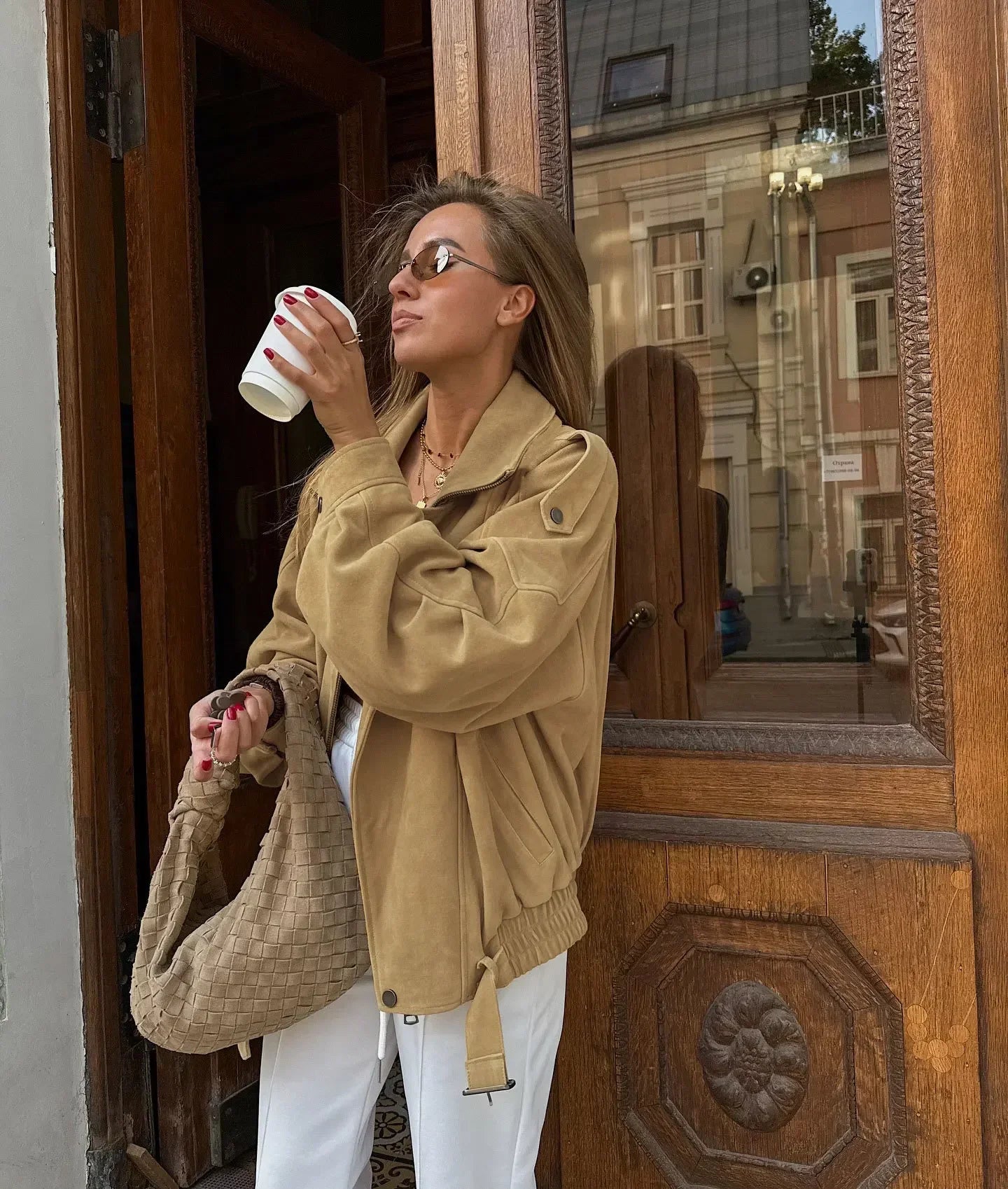 Khaki Lapel Short Suede Jacket Women Casual Stand Collar Full Sleeve Zipper Pocket Loose Jackets 2026 Lady Commute Street Coats LadyShow.Store
