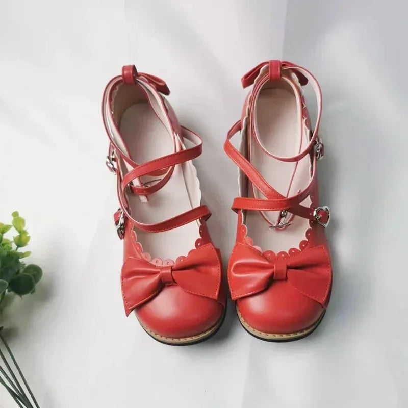 Lolita Shoes Women Flats Low Round With Cross Straps Bow Cute Girls Princess Tea Party Shoes Students Lovely Shoes Size 34-41 LadyShow.Store