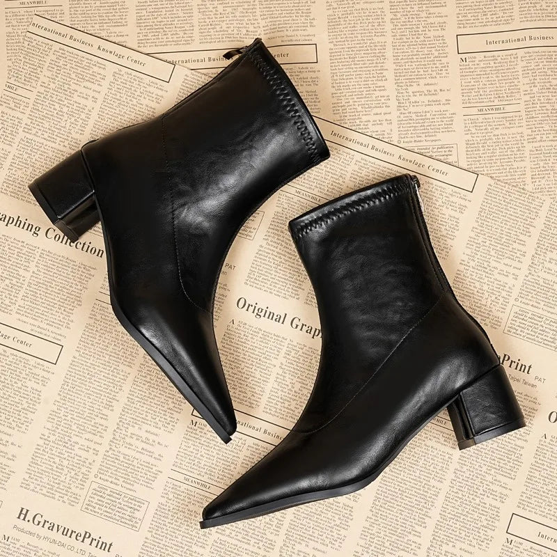 Fashion Vintage Thick Heels Women Slim Ankle Boots Autumn Winter Pointed Toe Stripper Party Short Booties Zapatos De Mujer LadyShow.Store