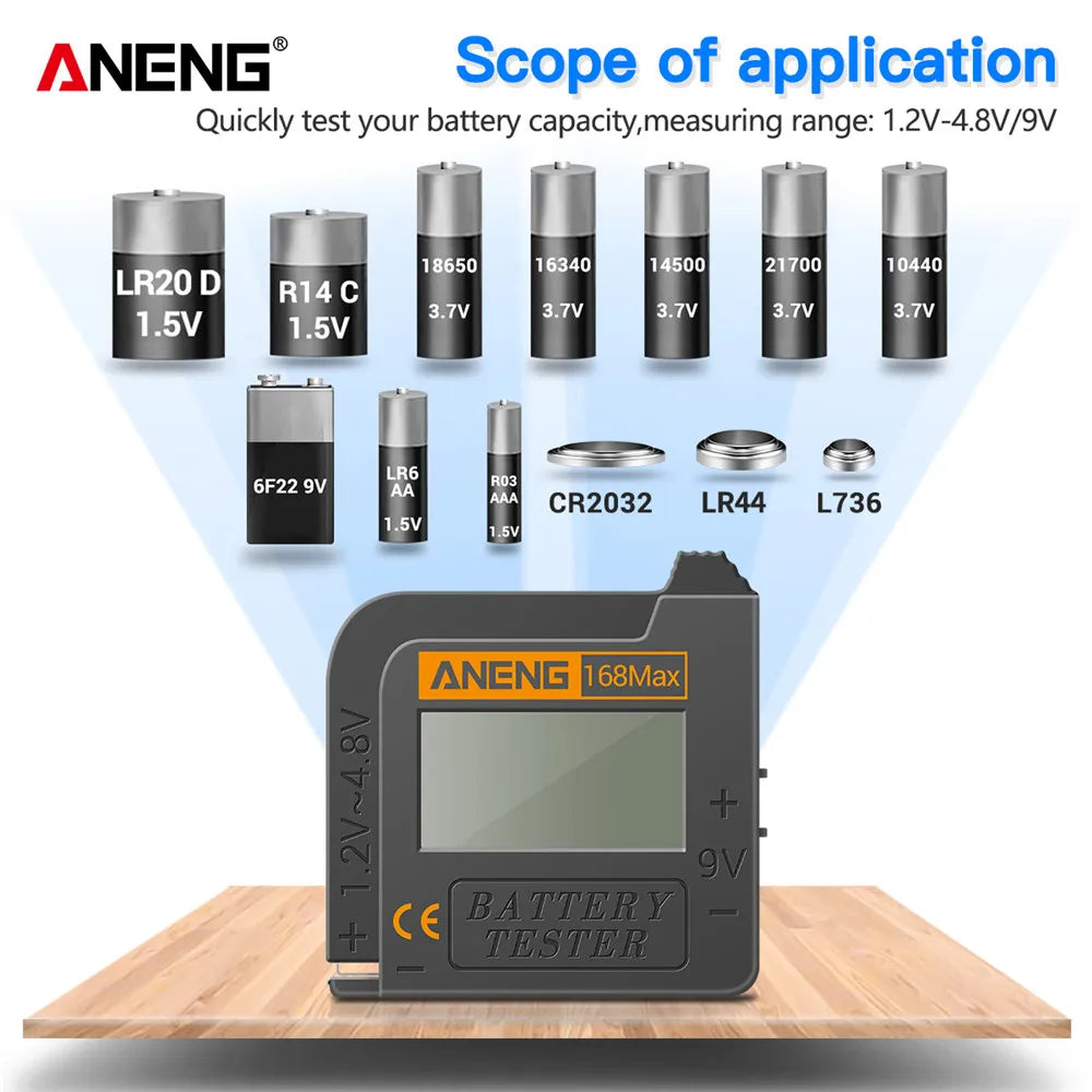ANENG 168MAX Self Powered Digital LCD Battery Checker AA AAA C D 9V Button Cell 18650 Lithium Cell Voltage Capacity Test Tool Pi-Mart