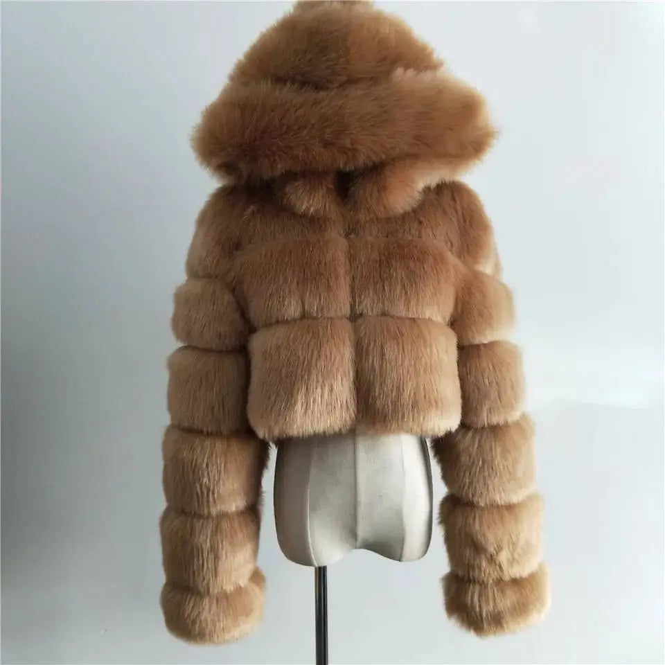 High Quality Furry Cropped Faux Fur Coats Jackets Women Fluffy Top With Hooded Winter Fur Jackets Fourrure Manteau Femme JH137 Pi-Mart