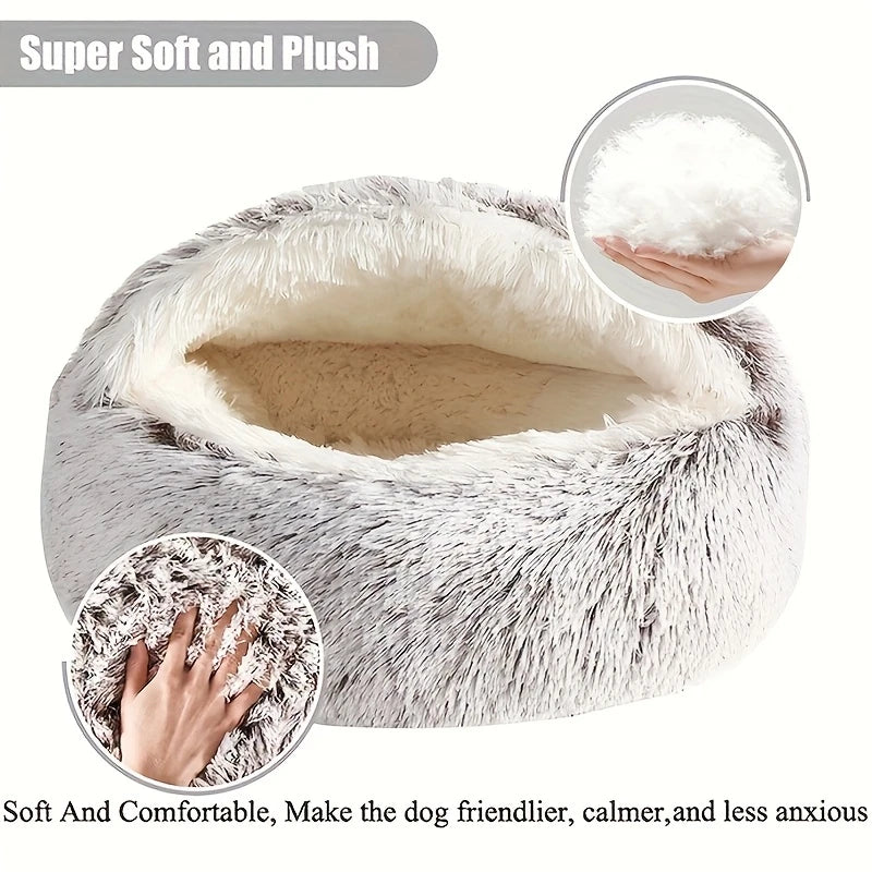 Plush Hooded Cat Cave Bed Round Semi‑Enclosed Shell Pet Nest Washable Anti‑Slip Warm All Season Sleeping Bed For Cats Small Dogs Pi-Mart