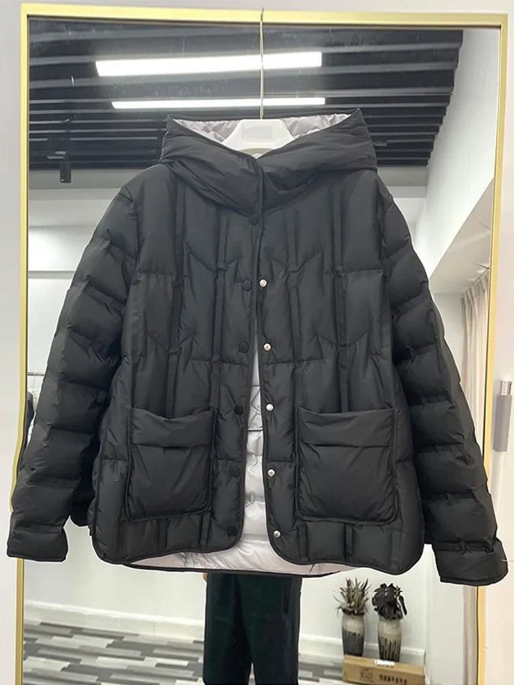 Winter Women 90% White Duck Down Coat Female Stand Collar Single-Breasted Puffer Jacket Casual Loose Hooded Parkas Coat Women LadyShow.Store
