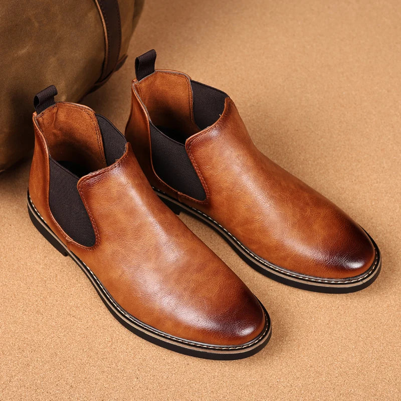 YRZL 39~47 Men Chelsea Boots Brand Retro Comfortable PU Leather Ankle Boots Men 2025 Fashion Black Brown Mens Boots Pi-Mart